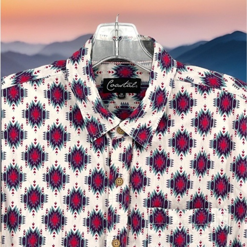 Coastal Aztec Print Short Sleeve Button Down Shirt‎ Men's Medium Southwest White
